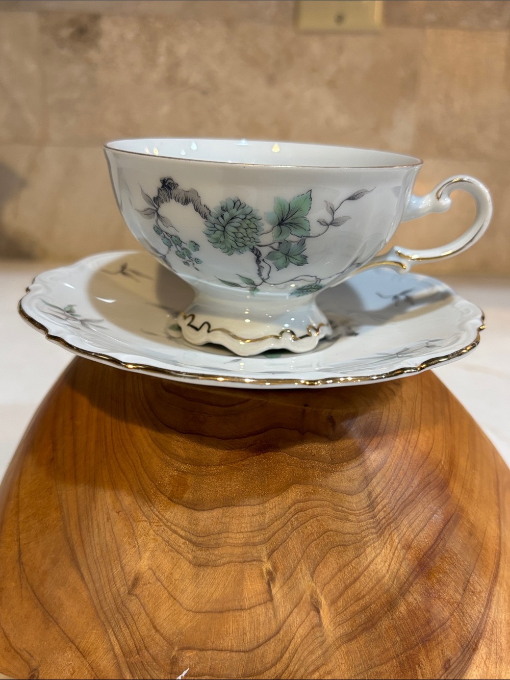 Mitterteich Bavaria Vintage "Green Ming" Pattern Cup and Saucer Set of Two